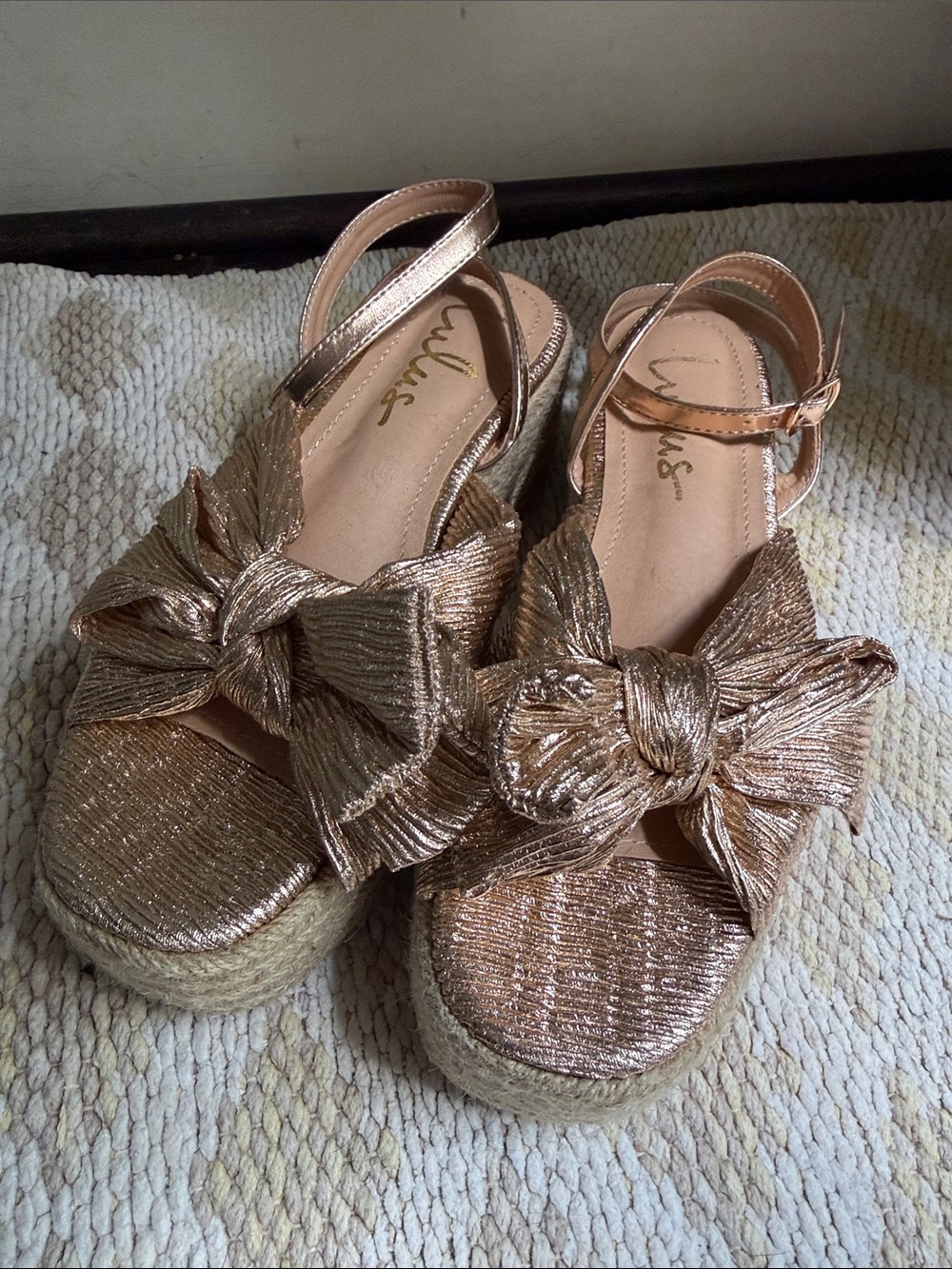 Lulu's Metallic Rose Gold Bow Espadrille Sandals